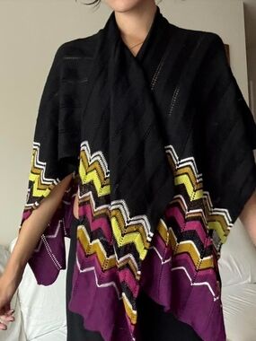 Missoni Black Knit Wrap with Subtle Purple Trim Scarf